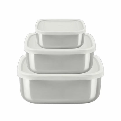 Tramontina 3-piece stainless steel food storage container set with airtight lids on a kitchen counter.