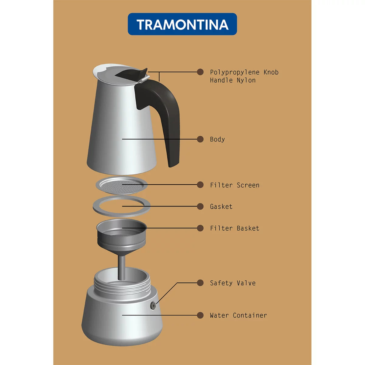 Tramontina Stainless Steel Moka Pot 350ml stovetop espresso coffee maker with durable stainless steel body and ergonomic handle.