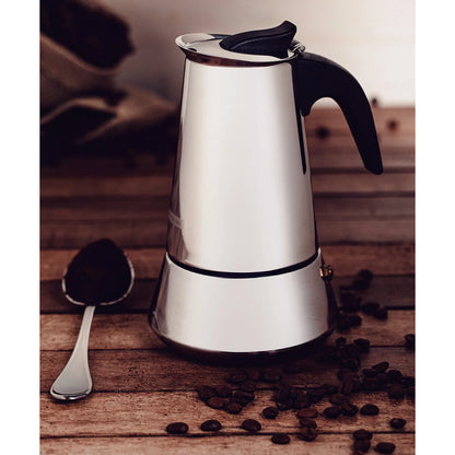 Tramontina Stainless Steel Moka Pot 350ml stovetop espresso coffee maker with durable stainless steel body and ergonomic handle.