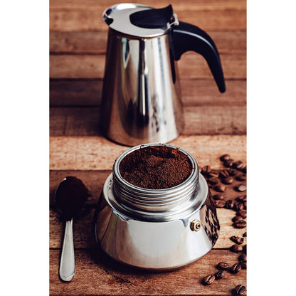 Tramontina Stainless Steel Moka Pot 350ml stovetop espresso coffee maker with durable stainless steel body and ergonomic handle.