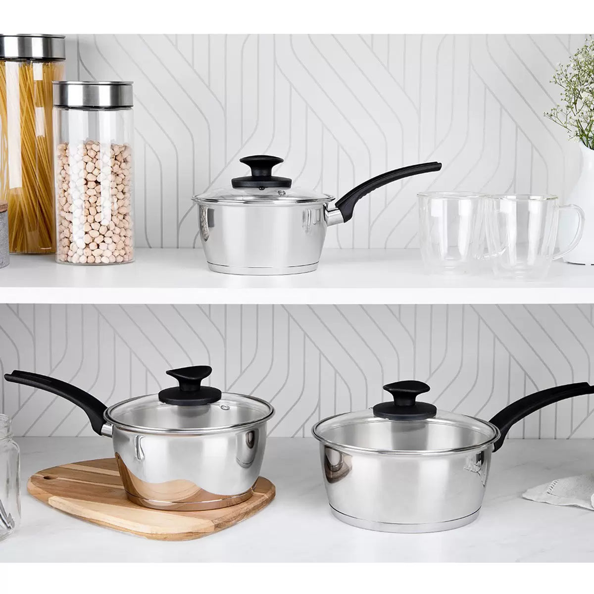 Tramontina 3 Piece Stainless Steel Saucepan Set for everyday cooking, boiling, simmering, and sauce preparation.