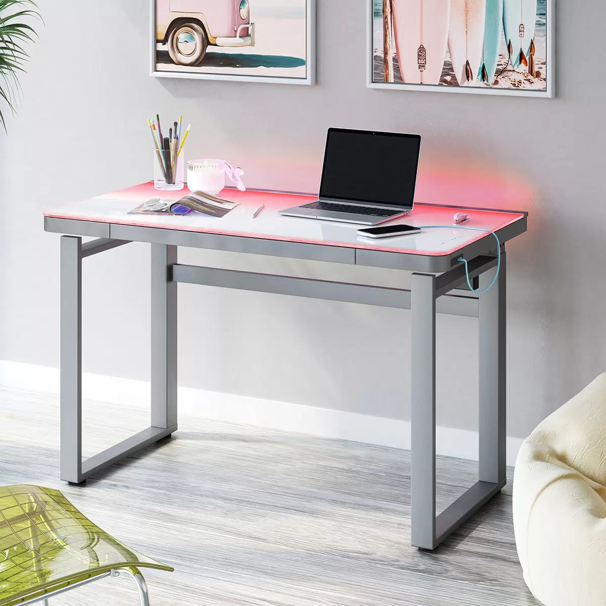 Tresanti Aurora power adjustable height desk with integrated LED lights and electric sit-stand functionality for home office use