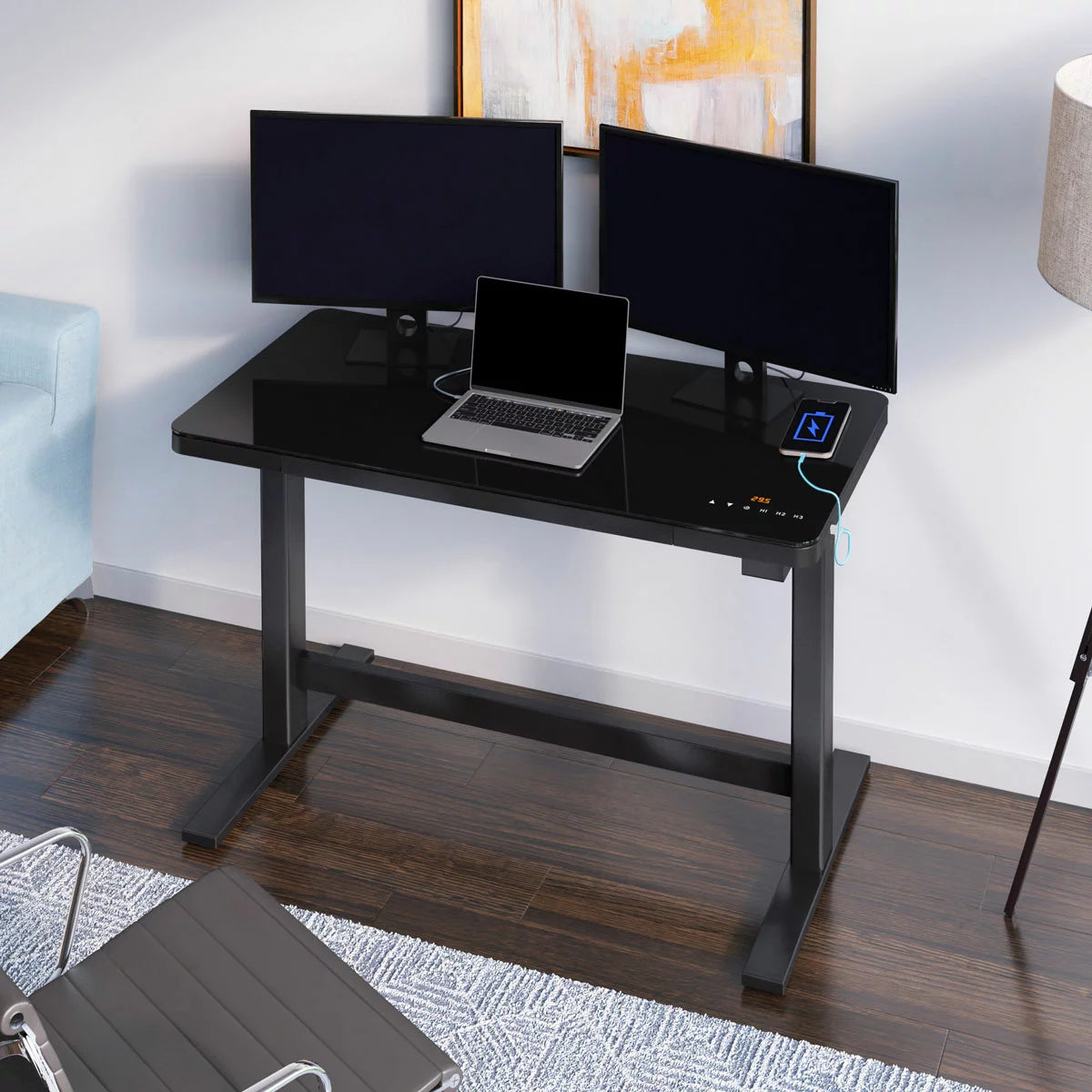 Tresanti Geller Power Adjustable Height Tech Desk in black with electric sit-stand height adjustment for ergonomic home office workspace