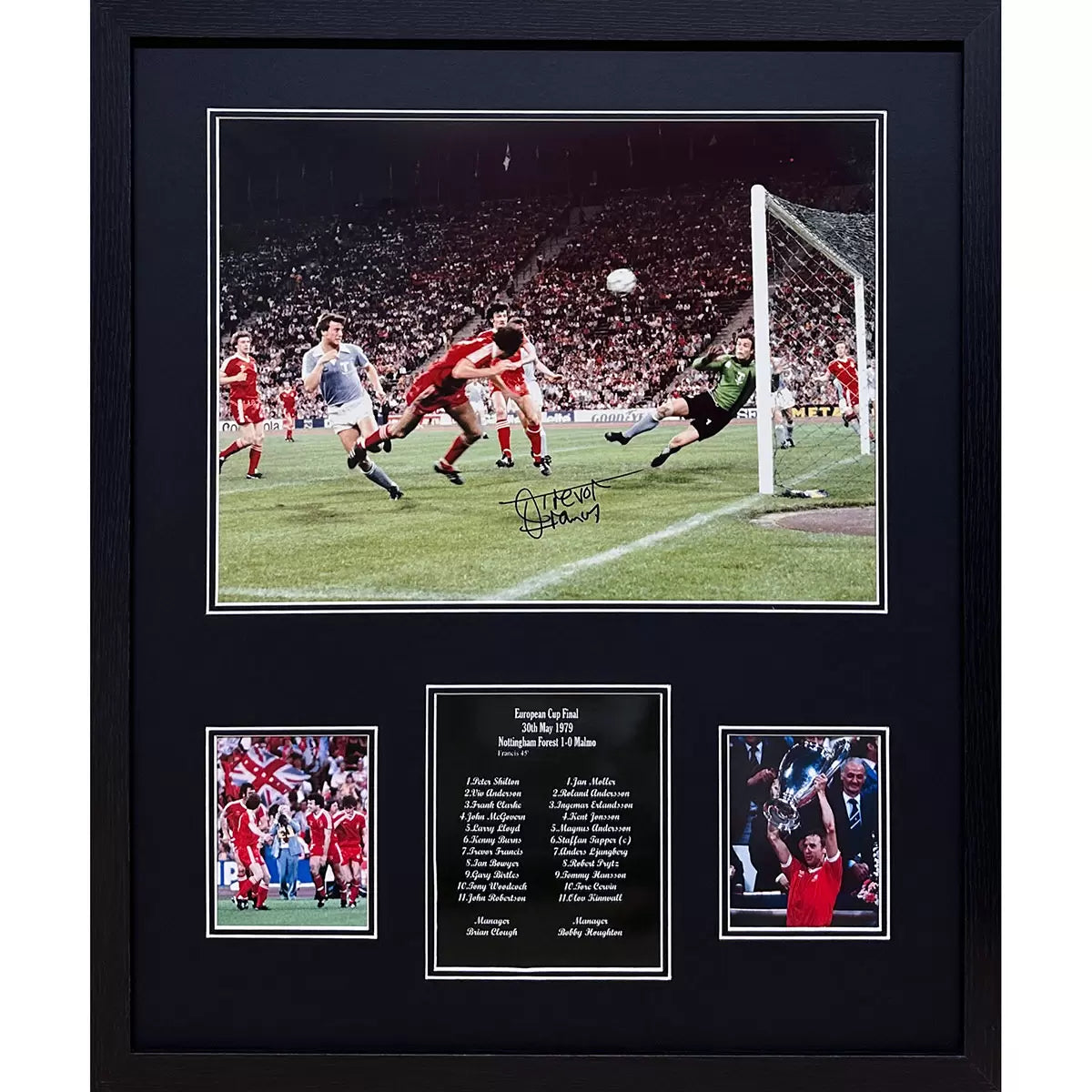 A framed, authentic photograph of Trevor Francis heading the winning goal for Nottingham Forest in the 1979 European Cup Final, set in a professional black frame.