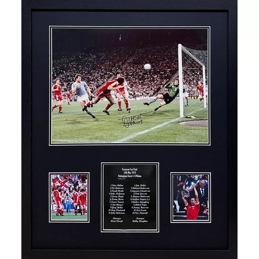 A framed, authentic photograph of Trevor Francis heading the winning goal for Nottingham Forest in the 1979 European Cup Final, set in a professional black frame.