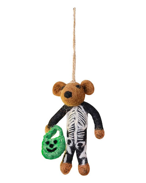 Trick or Treat Skeleton Tree Decoration featuring a bone-white sculpted resin skeleton hanging on a dark autumn branch.