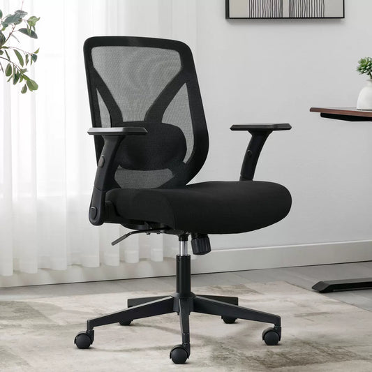 True Innovations mesh office chair with breathable mesh back, flip-up arms, adjustable height, and ergonomic office seating design.