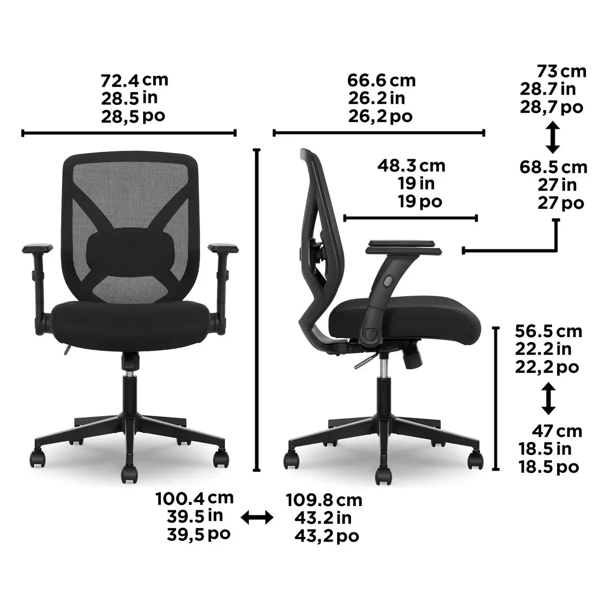 True Innovations mesh office chair with breathable mesh back, flip-up arms, adjustable height, and ergonomic office seating design.