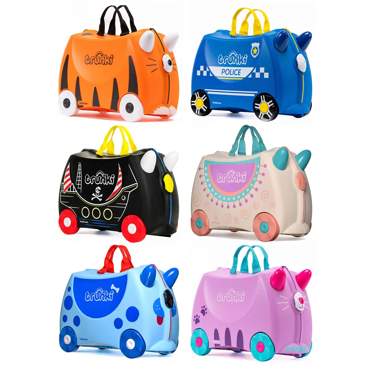 Bright side profile view of a colorful Trunki Ride On Hardside Suitcase showing the horn steering handles, contoured saddle seat, and rolling wheels.