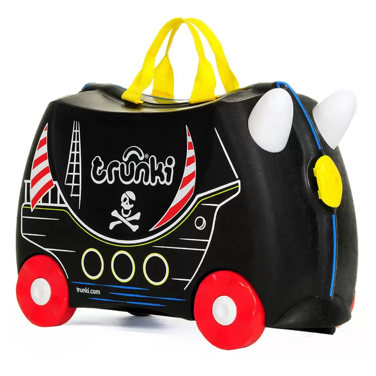 Bright side profile view of a colorful Trunki Ride On Hardside Suitcase showing the horn steering handles, contoured saddle seat, and rolling wheels.