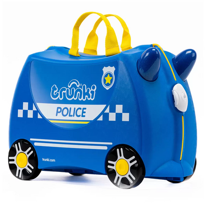 Bright side profile view of a colorful Trunki Ride On Hardside Suitcase showing the horn steering handles, contoured saddle seat, and rolling wheels.
