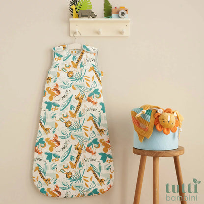 Tutti Bambini white and blue 2.5 Tog bamboo cotton baby sleeping bag displayed flat on a neutral nursery surface.