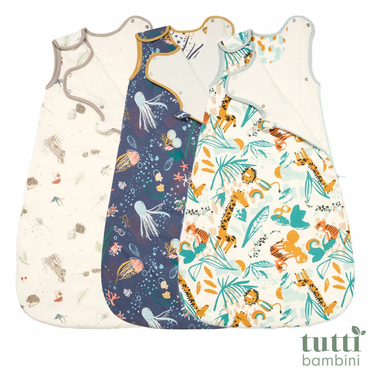 Tutti Bambini white and blue 2.5 Tog bamboo cotton baby sleeping bag displayed flat on a neutral nursery surface.
