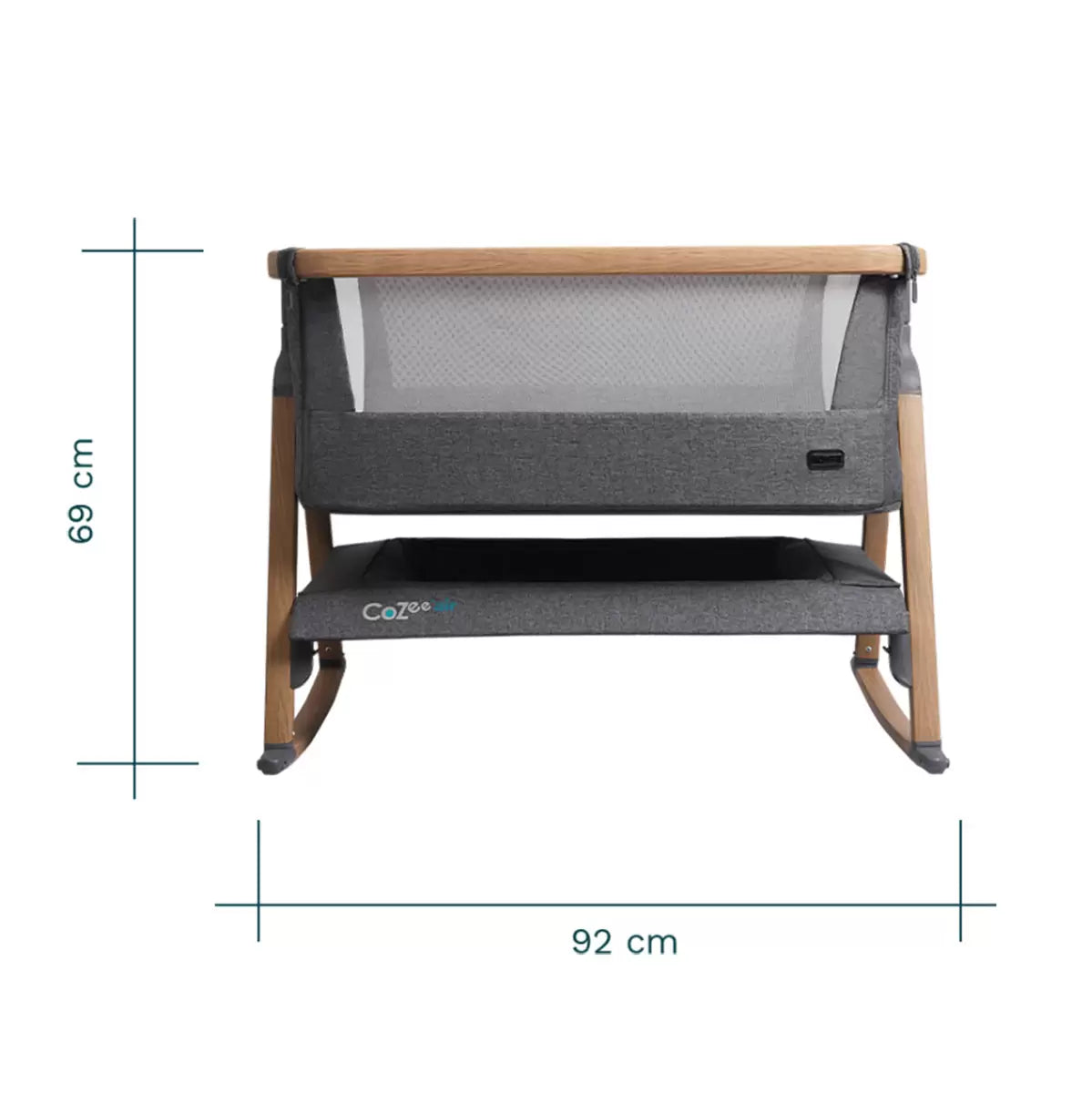 Tutti Bambini CoZee Air bedside rocking crib in oak and charcoal with breathable mesh sides for newborn sleep/2