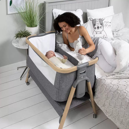 Tutti Bambini CoZee Air bedside rocking crib in oak and charcoal with breathable mes4h sides for newborn sleep/4