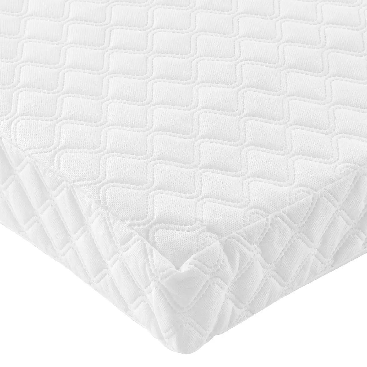 White Tutti Bambini Sprung Cot Mattress with quilted fresh tech fabric cover shown in a modern wooden nursery cot.