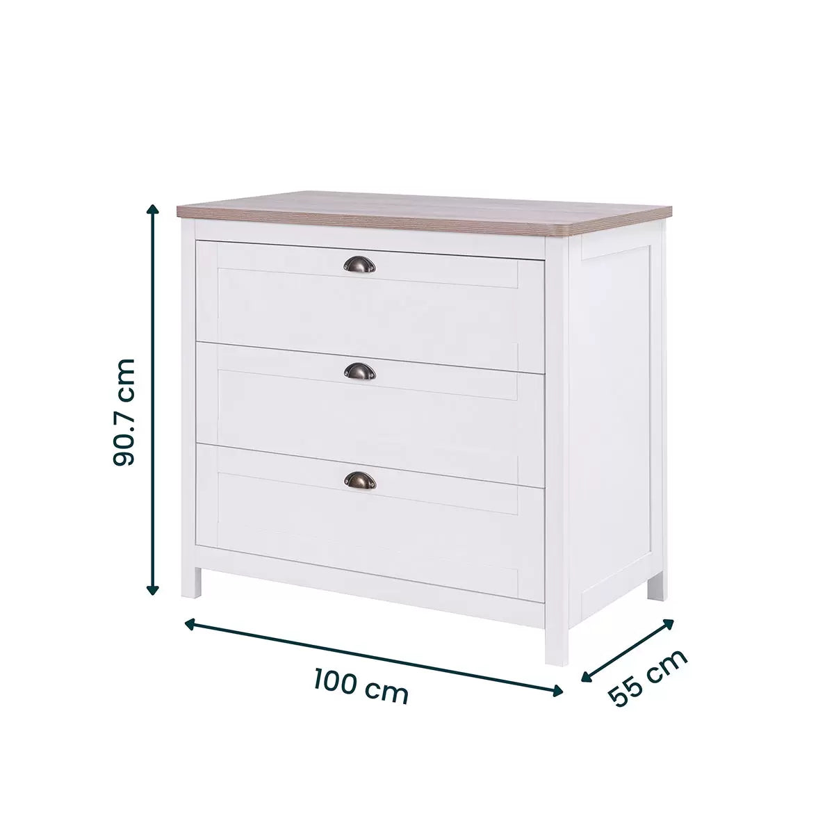 Front view of the white and oak Tutti Bambini Verona changing unit chest with three drawers and traditional brass handles shot in a brightly lit room.