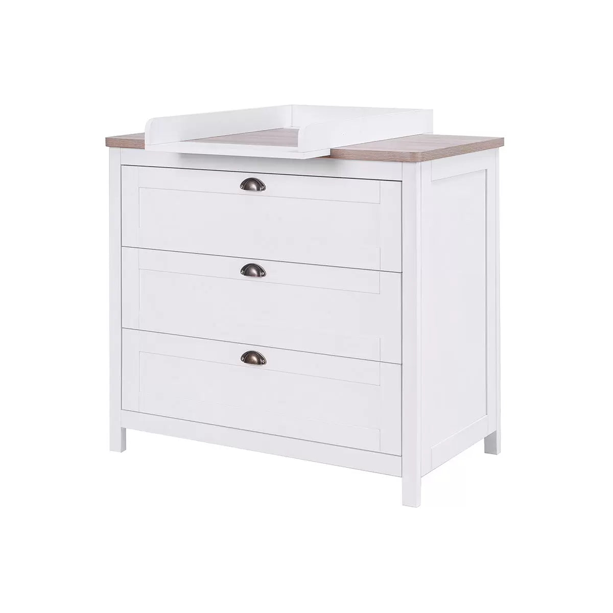 Front view of the white and oak Tutti Bambini Verona changing unit chest with three drawers and traditional brass handles shot in a brightly lit room.