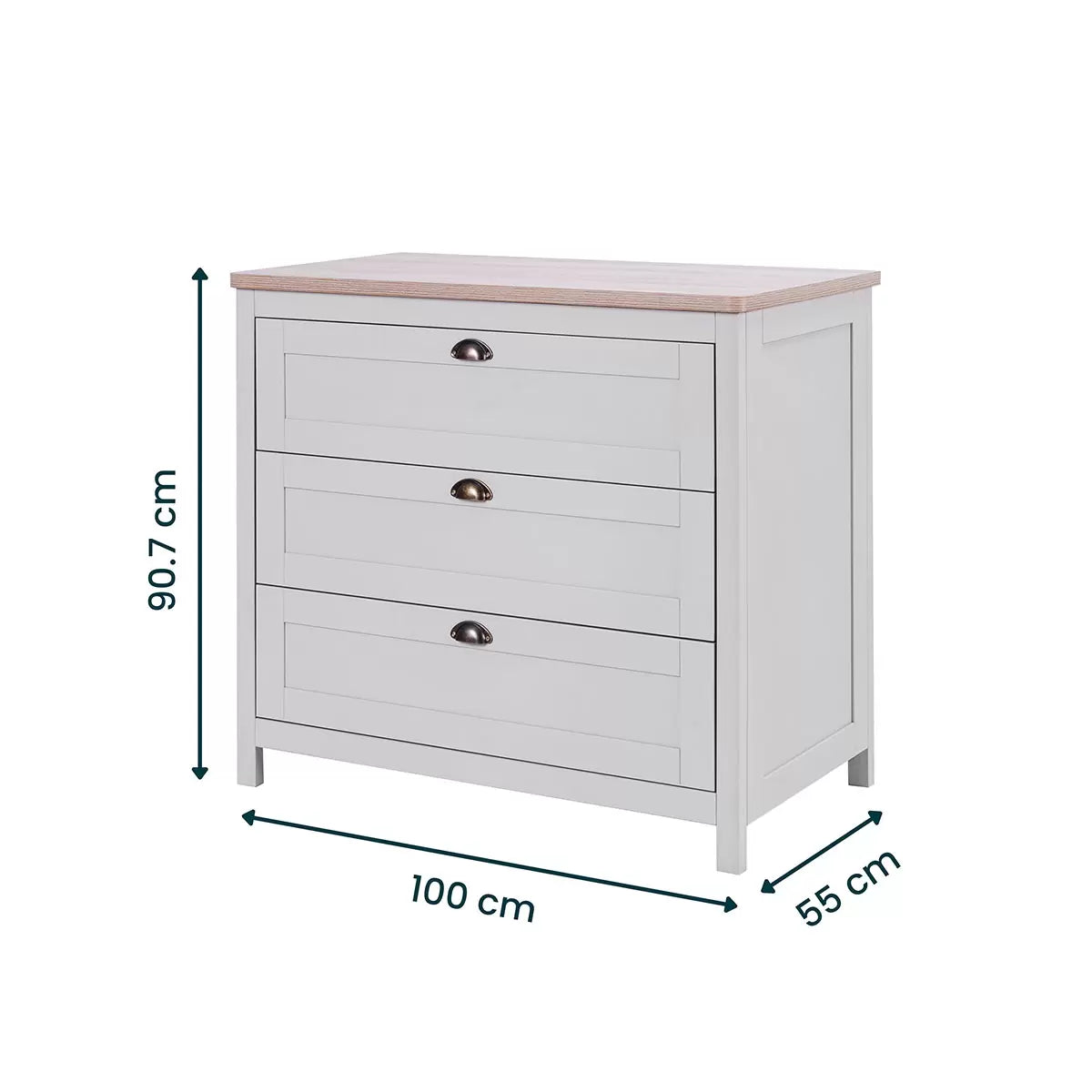 Front view of the grey and oak Tutti Bambini Verona changing unit featuring three closed drawers with traditional brass handles in a bright nursery setting.
