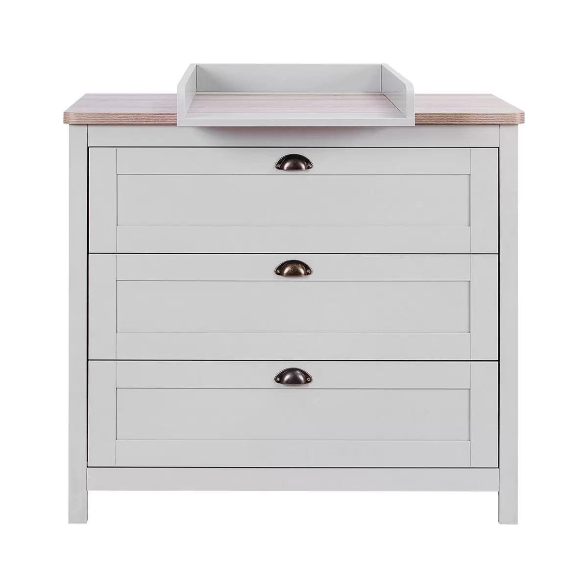 Front view of the grey and oak Tutti Bambini Verona changing unit featuring three closed drawers with traditional brass handles in a bright nursery setting.