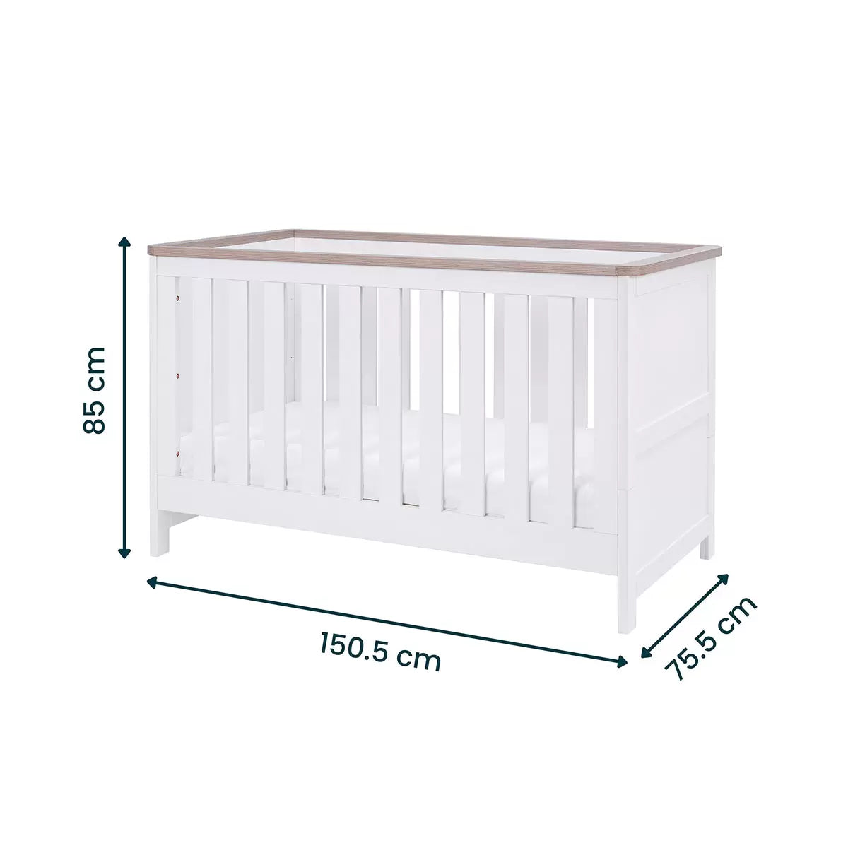 Three-quarter view of the built white and oak Tutti Bambini Verona cot bed showing the mattress inside a clean minimalist bedroom setting.