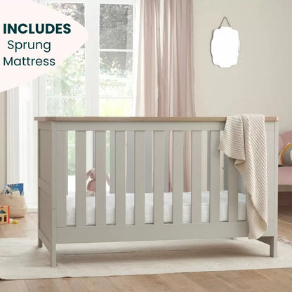 Tutti Bambini Verona Cot Bed with Sprung Mattress in Grey and Oak finish for babies and toddlers in a modern nursery