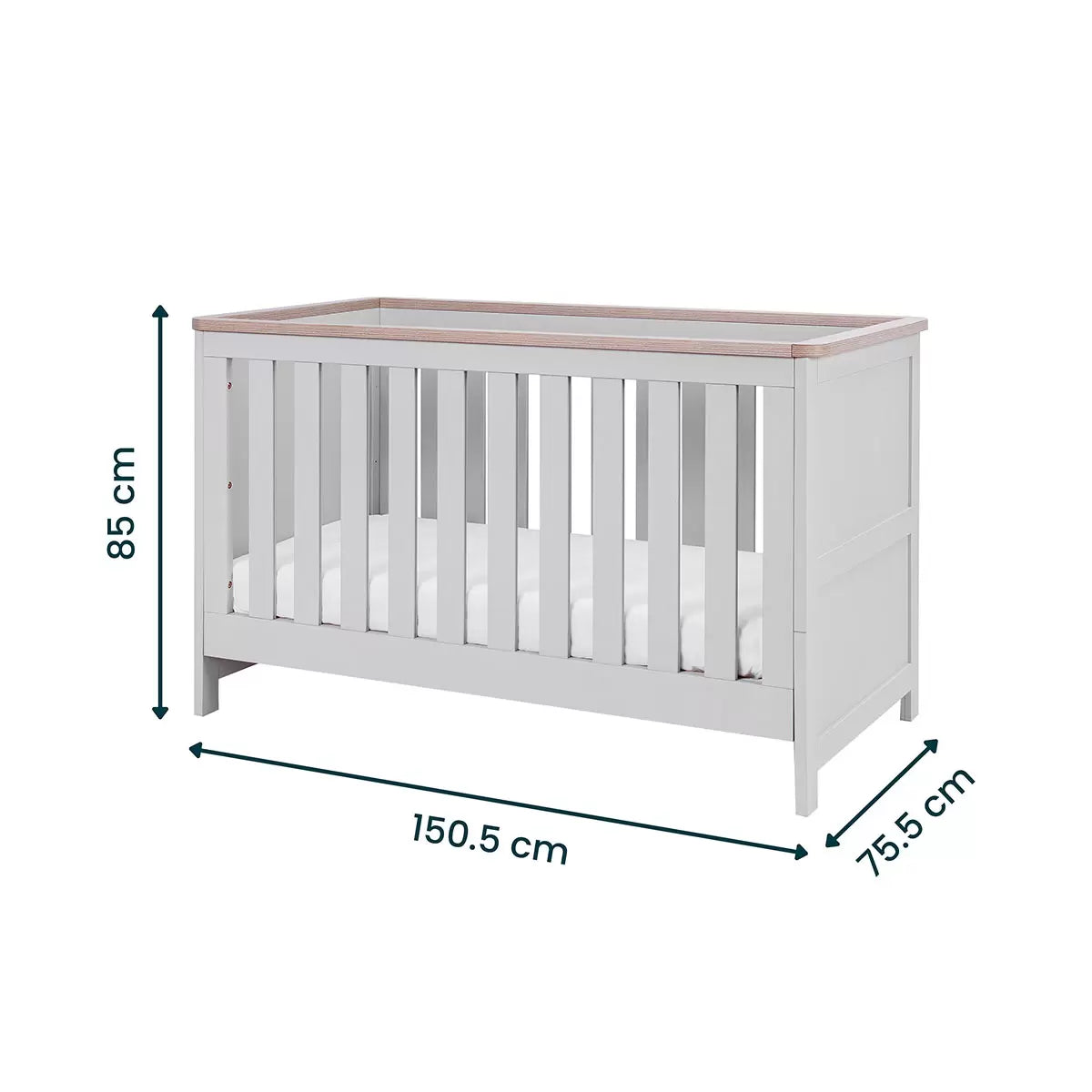 Tutti Bambini Verona Cot Bed with Sprung Mattress in Grey and Oak finish for babies and toddlers in a modern nursery1