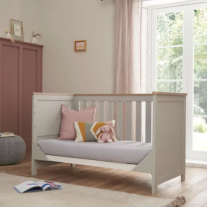 Tutti Bambini Verona Cot Bed with Sprung Mattress in Grey and Oak finish for babies and toddlers in a modern nursery2