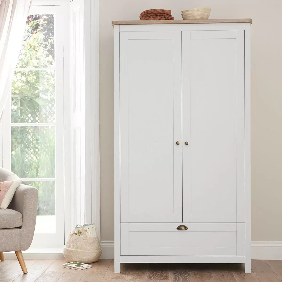 Tutti Bambini Verona Wardrobe in White and Oak with spacious hanging rail, adjustable shelves, and modern nursery storage design.
