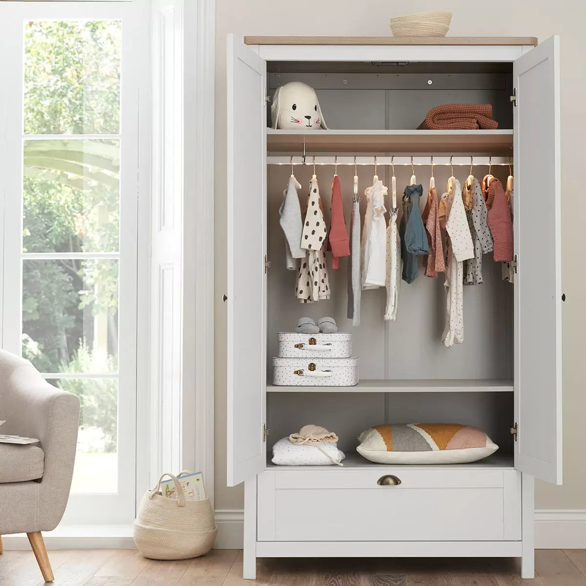 Tutti Bambini Verona Wardrobe in White and Oak with spacious hanging rail, adjustable shelves, and modern nursery storage design.2