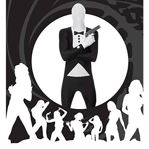 Full-length front view of a person wearing the black and white Tuxedo Morphsuit stretch bodysuit costume.