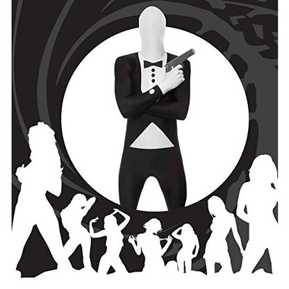 Full-length front view of a person wearing the black and white Tuxedo Morphsuit stretch bodysuit costume.