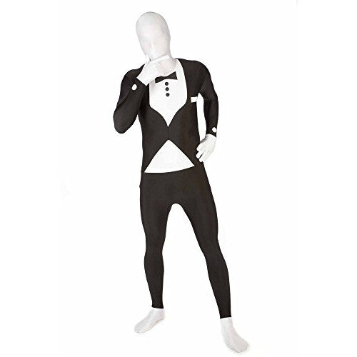 Full-length front view of a person wearing the black and white Tuxedo Morphsuit stretch bodysuit costume.