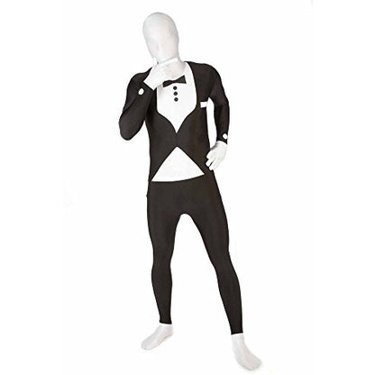 Full-length front view of a person wearing the black and white Tuxedo Morphsuit stretch bodysuit costume.