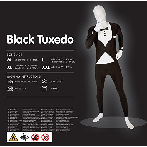 Full-length front view of a person wearing the black and white Tuxedo Morphsuit stretch bodysuit costume.
