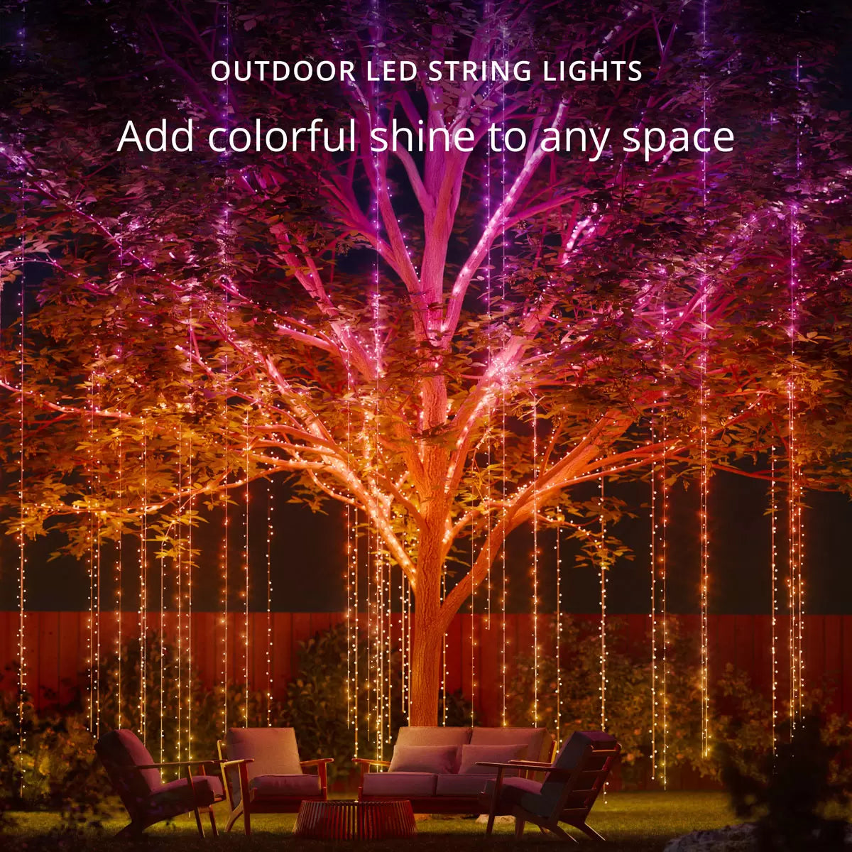 32-meter strand of glowing multi-color Twinkly LED lights wrapped around an outdoor patio pergola at dusk.