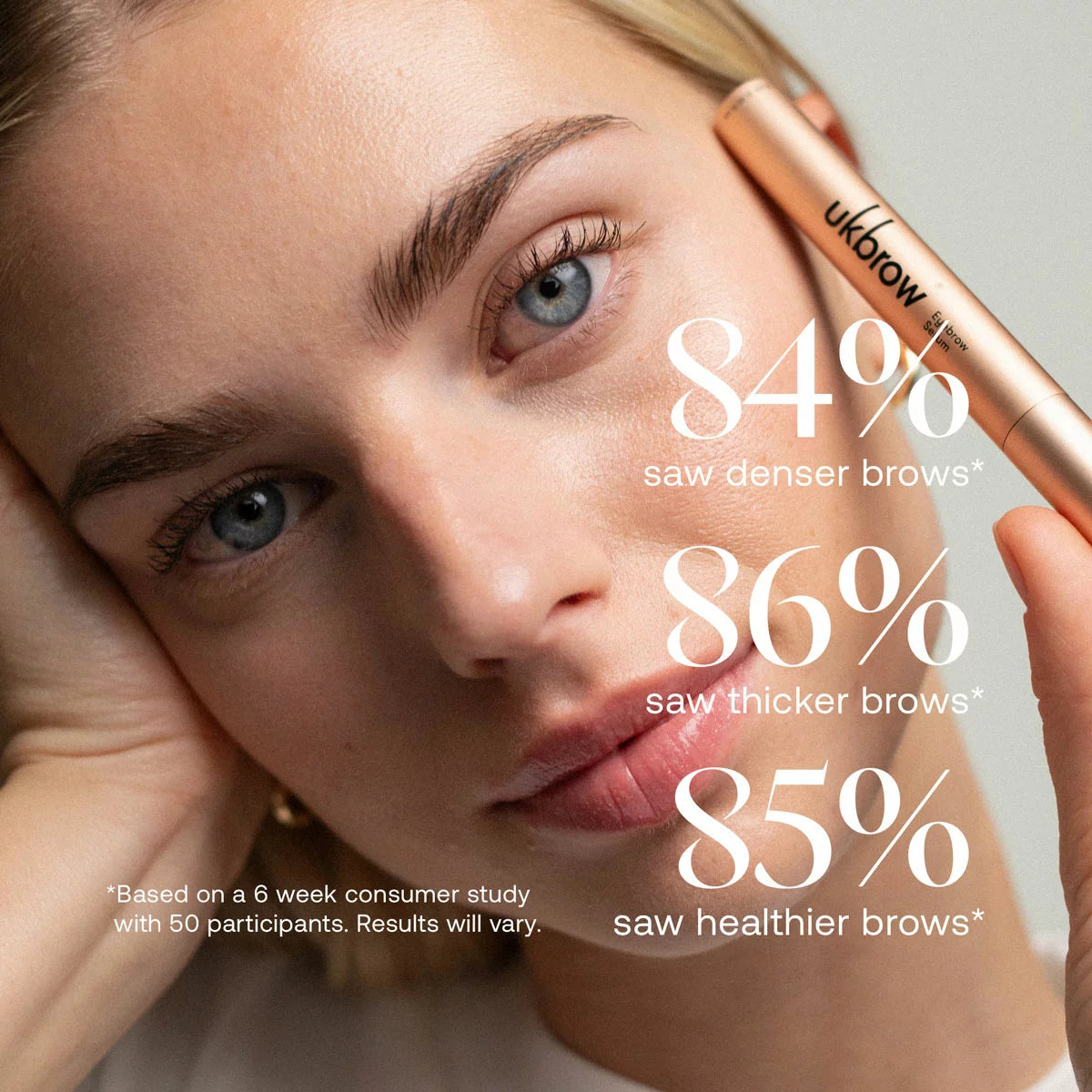 Two sleek tubes of UK Brow Eyebrow Serum with a precision applicator wand resting gently on a polished marble vanity top.