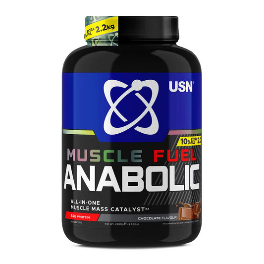Front view of USN Muscle Fuel Anabolic rich chocolate protein powder 2.2kg tub set against a clean studio background.