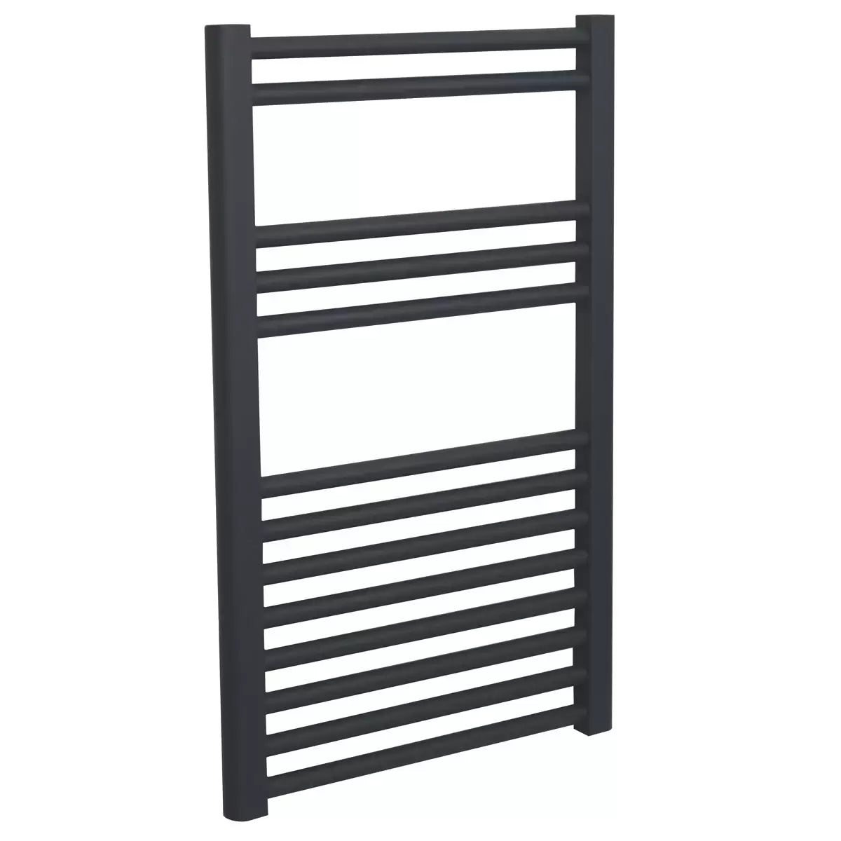 Front view of a chrome UltraHeat Eco Rail towel radiator with 13 horizontal bars mounted on a modern tiled bathroom wall.