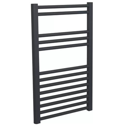 Front view of a chrome UltraHeat Eco Rail towel radiator with 13 horizontal bars mounted on a modern tiled bathroom wall.