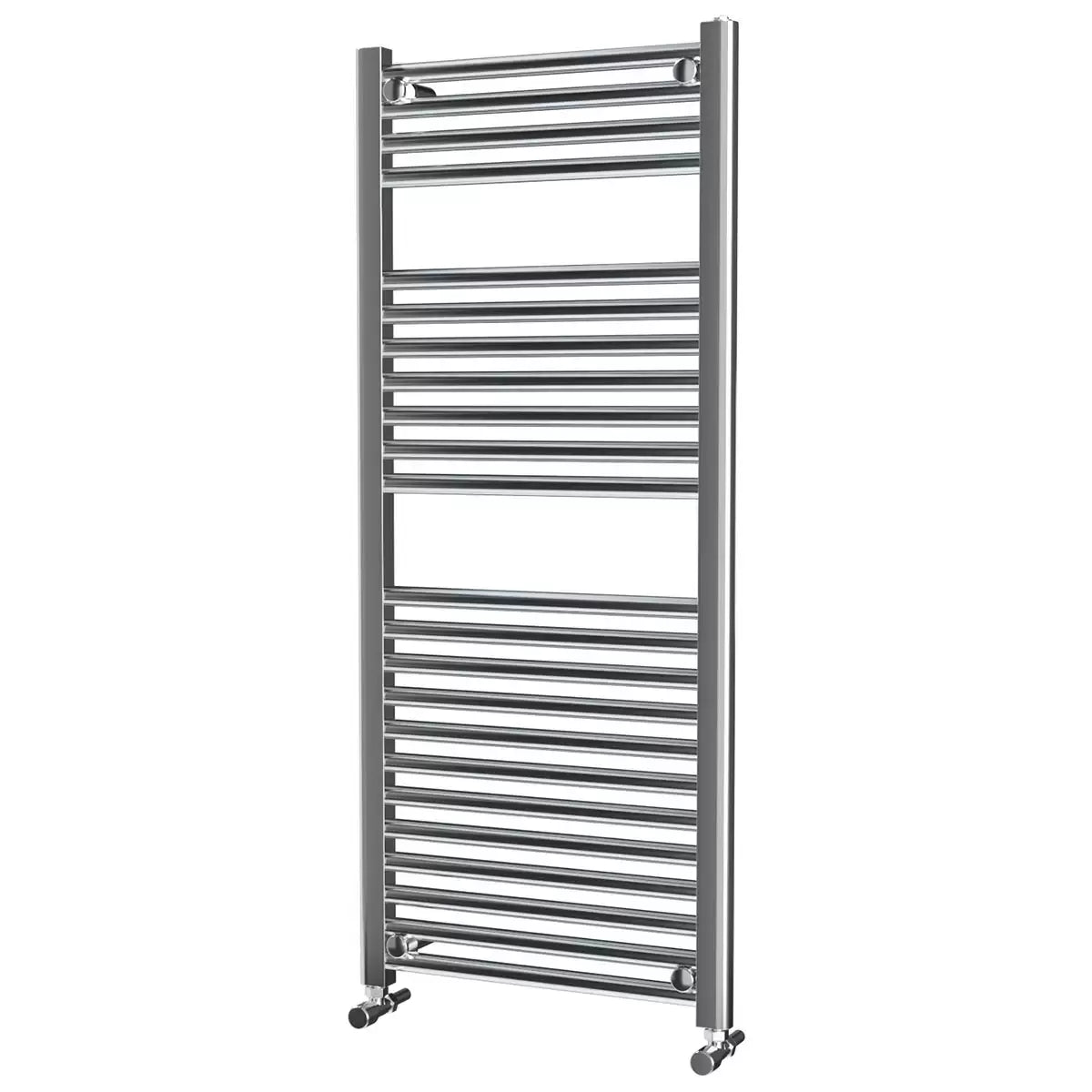 Front view of the chrome-finished Ultraheat Chelmsford towel radiator measuring 1172x500mm mounted on a contemporary dark tiled bathroom wall holding a folded white towel.