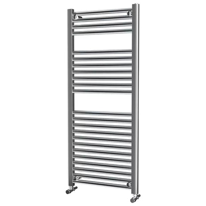 Front view of the chrome-finished Ultraheat Chelmsford towel radiator measuring 1172x500mm mounted on a contemporary dark tiled bathroom wall holding a folded white towel.