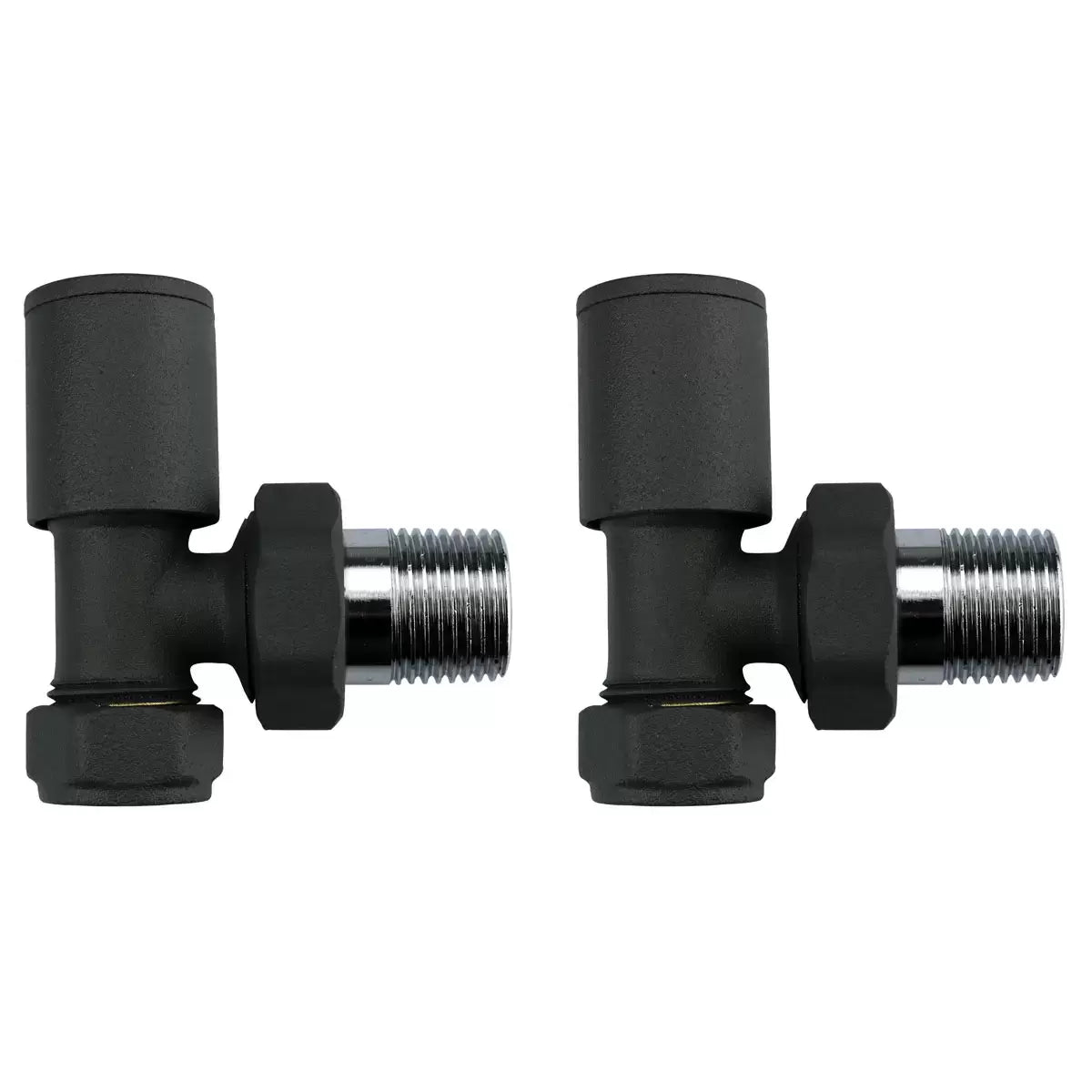 Ultraheat Cylindrical-25 vertical manual angled radiator valve pair in anthracite grey with chrome tail connection point.