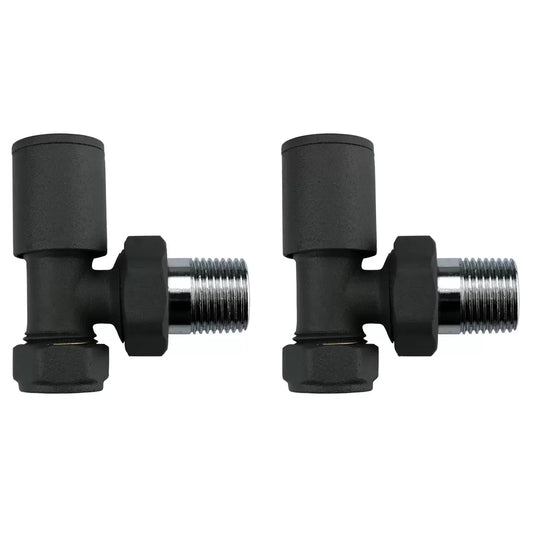 Ultraheat Cylindrical-25 vertical manual angled radiator valve pair in anthracite grey with chrome tail connection point.