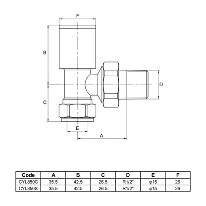 Ultraheat Cylindrical-25 vertical manual angled radiator valve pair in anthracite grey with chrome tail connection point.