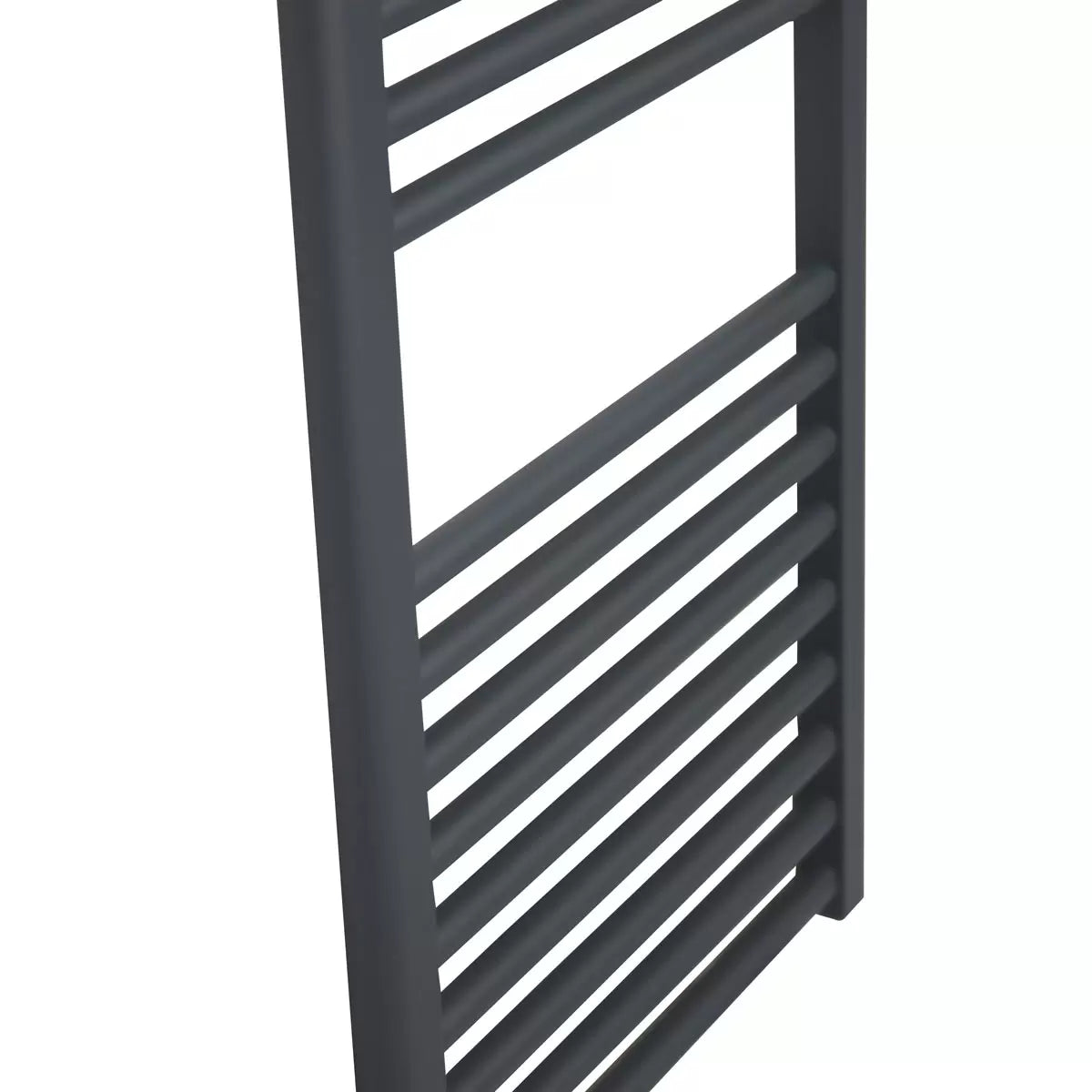 Front view of the Ultraheat Eco Rail 500x1175mm towel radiator with 19 steel bars mounted on a modern tiled bathroom wall.