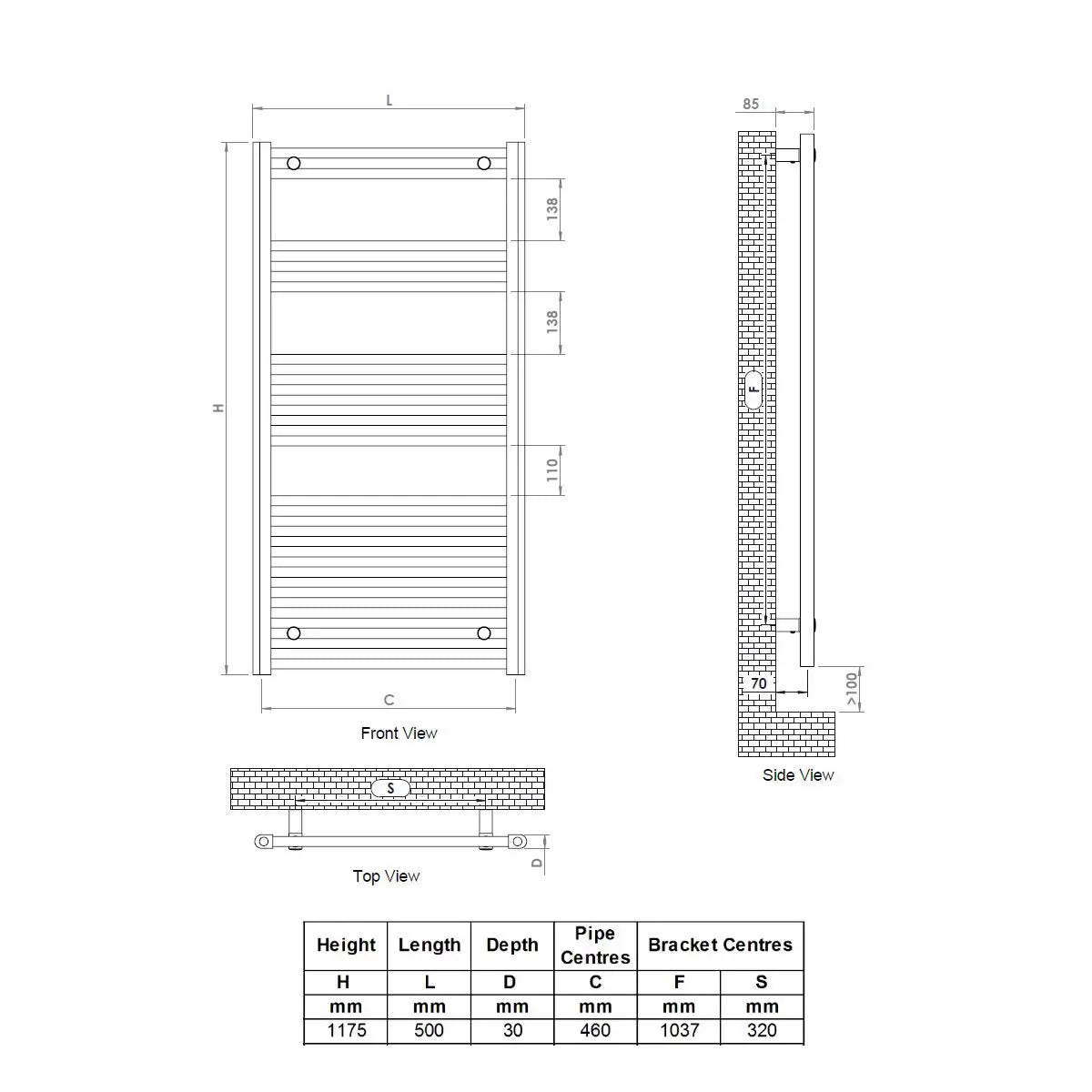 Front view of the Ultraheat Eco Rail 500x1175mm towel radiator with 19 steel bars mounted on a modern tiled bathroom wall.
