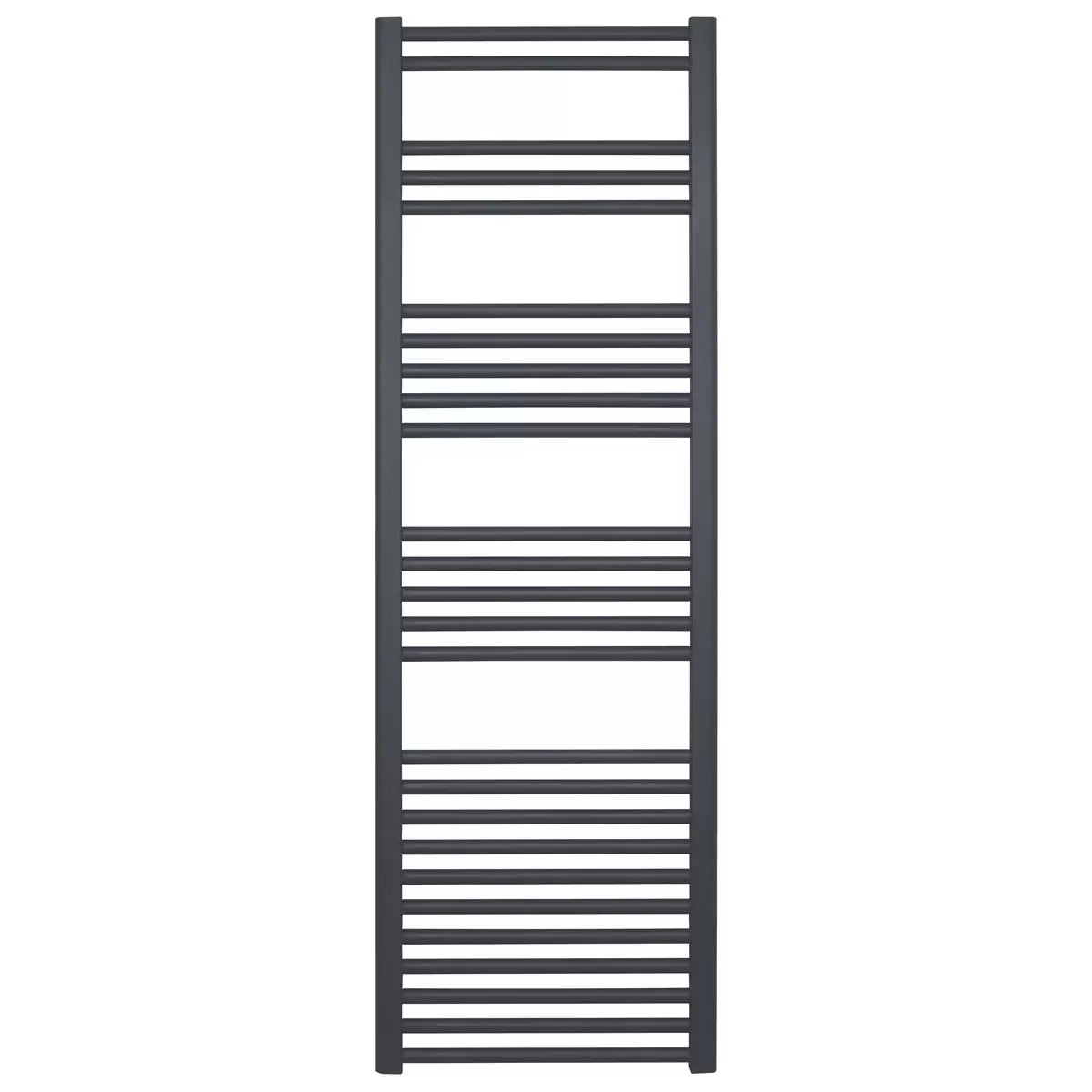 Vertical chrome Ultraheat Eco Rail heated towel radiator with 26 rails mounted on a tiled bathroom wall, 500x1585mm size front angle view.