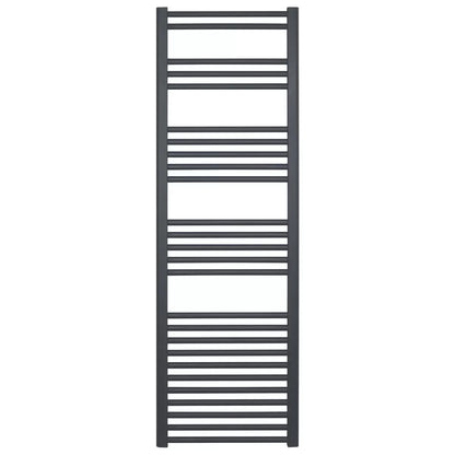 Vertical chrome Ultraheat Eco Rail heated towel radiator with 26 rails mounted on a tiled bathroom wall, 500x1585mm size front angle view.