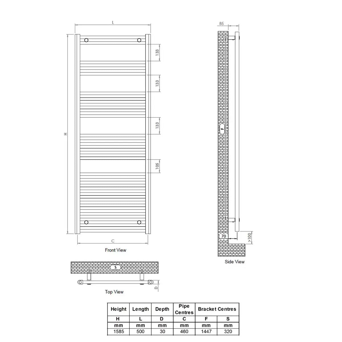 Vertical chrome Ultraheat Eco Rail heated towel radiator with 26 rails mounted on a tiled bathroom wall, 500x1585mm size front angle view.